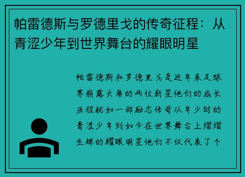 帕雷德斯与罗德里戈的传奇征程：从青涩少年到世界舞台的耀眼明星